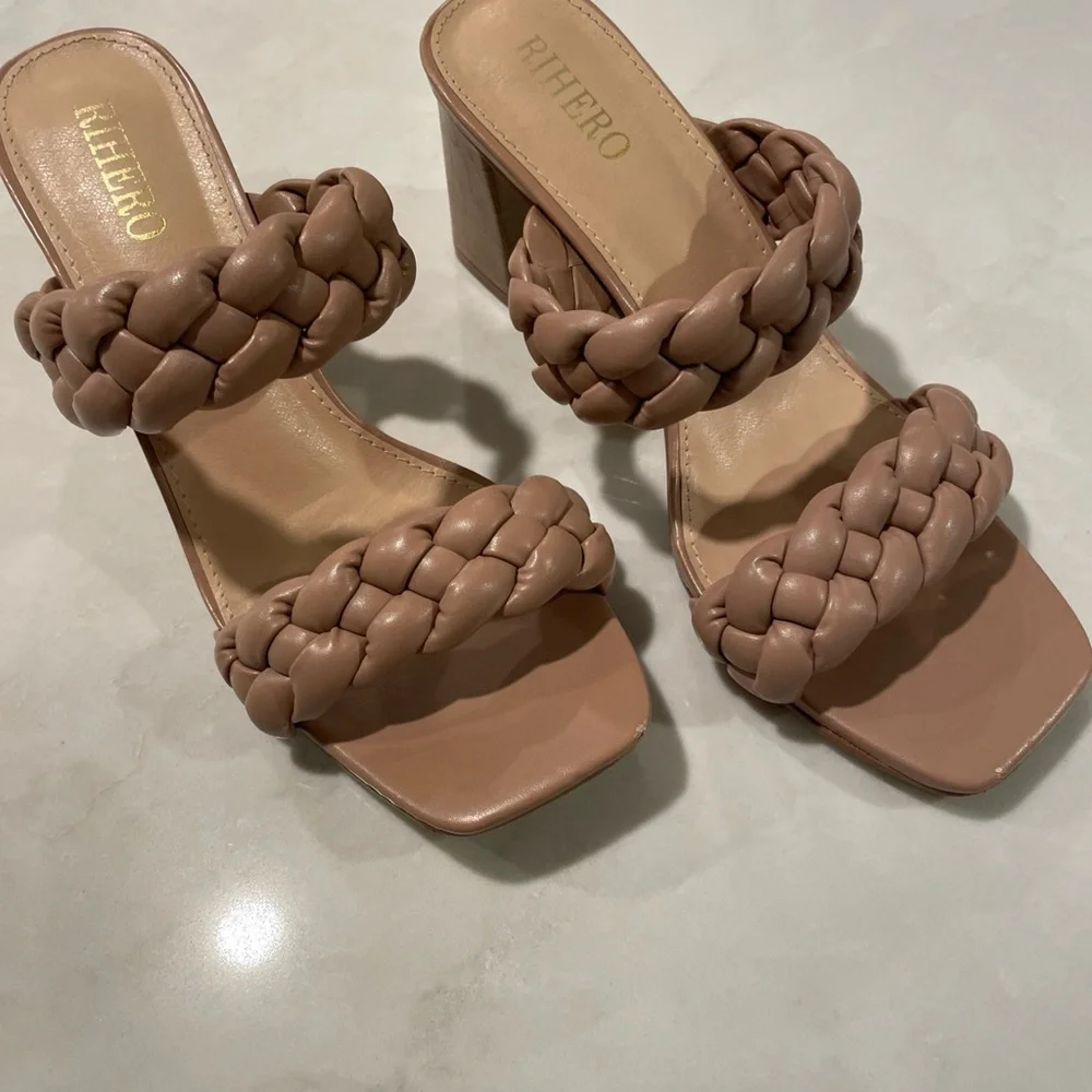 Women’s Braided Strap Slip On Block High Heel Sandals.  Square Open Toe …